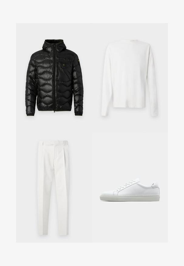 Melnā pūkainā jakas ar spīdīgu faktūru, kapuci, rāvējslēdzēja aizdari un viļņu rakstu. Detaļās ir krūšu kabata un kontrastējošas dzeltenas akcenti.; Garums piedurkņu baltā kokvilnas krekls ar apaļu dekoltē, sānu šķēlumiem apakšā un gludu tekstūru, redzams no aizmugures.; Balti bikses ar faktūru, kurām ir plakans priekšpuse ar krokām, plūstoša griezuma siluets un gluda jostasvieta.; Baltie sporta apavi ar gludu ādas virsu un zemu profilu. Iezīmējas ar noapaļotu purngalu, sešām acīm un teksturētu gumijas zoli.