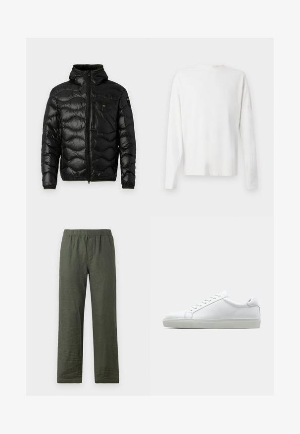 Zwarte pufferjack met een glanzende textuur, capuchon, ritsluiting en golvenpatroon. Voorzien van een borstzak en contrasterende gele accenten.; Witte katoenen blouse met lange mouwen en een ronde halslijn, met zijsplitten aan de onderkant en een gladde textuur, vanuit de achterkant weergegeven.; Donkergroene linnen broek met een elastische tailleband, rechte pijpen en een licht gekreukt textuur. Geen zichtbare hardware of patterne.; Witte sneaker met een gladlederen bovenwerk en een laag profiel. Voorzien van een ronde neus, zes vetergaatjes en een gestructureerde rubberen zool.