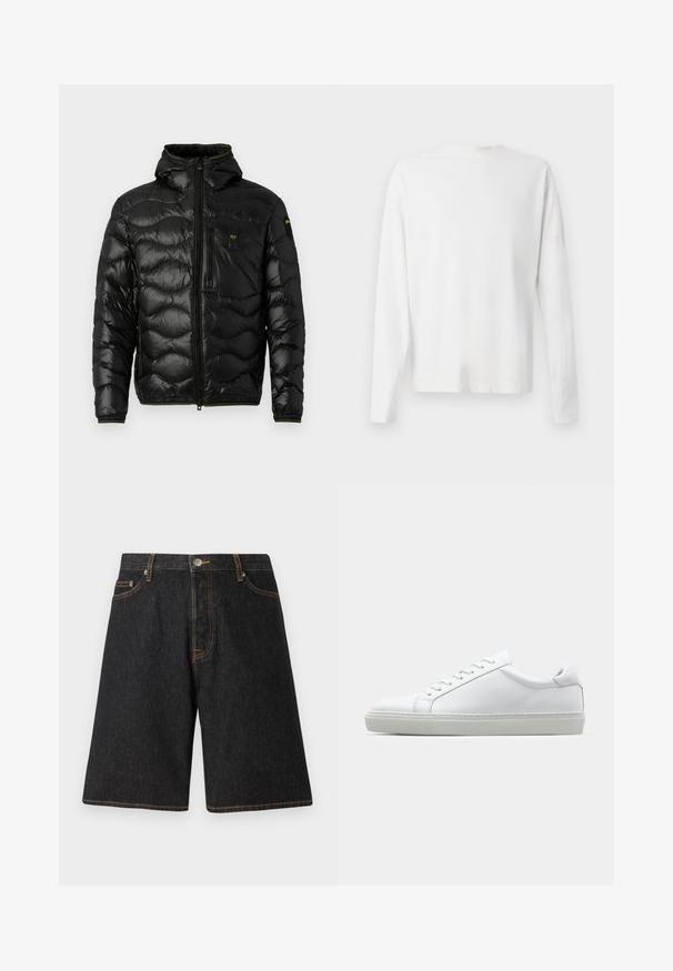 Giacca a vento nera con texture lucida, cappuccio, chiusura con zip e motivo a onde. Presenta una tasca sul petto e accenti gialli a contrasto.; Camicia bianca in cotone a maniche lunghe con scollatura rotonda, spacchi laterali in fondo e una texture liscia, mostrata da dietro.; Shorts in denim nero con taglio dritto, caratterizzati da cuciture arancioni, cinque tasche e chiusura con bottone in metallo in vita.; Sneaker bianco con tomaia in pelle liscia e profilo basso. Presenta una punta arrotondata, sei occhielli e una suola in gomma testurizzata.