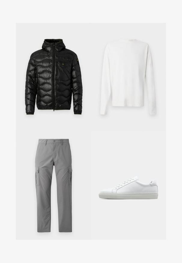 Melnā pūkainā jakas ar spīdīgu faktūru, kapuci, rāvējslēdzēja aizdari un viļņu rakstu. Detaļās ir krūšu kabata un kontrastējošas dzeltenas akcenti.; Garums piedurkņu baltā kokvilnas krekls ar apaļu dekoltē, sānu šķēlumiem apakšā un gludu tekstūru, redzams no aizmugures.; Jack & Jones JPSTKARL KURTIS SNAP TECH - Armijas stila bikses - castle rock; Baltie sporta apavi ar gludu ādas virsu un zemu profilu. Iezīmējas ar noapaļotu purngalu, sešām acīm un teksturētu gumijas zoli.