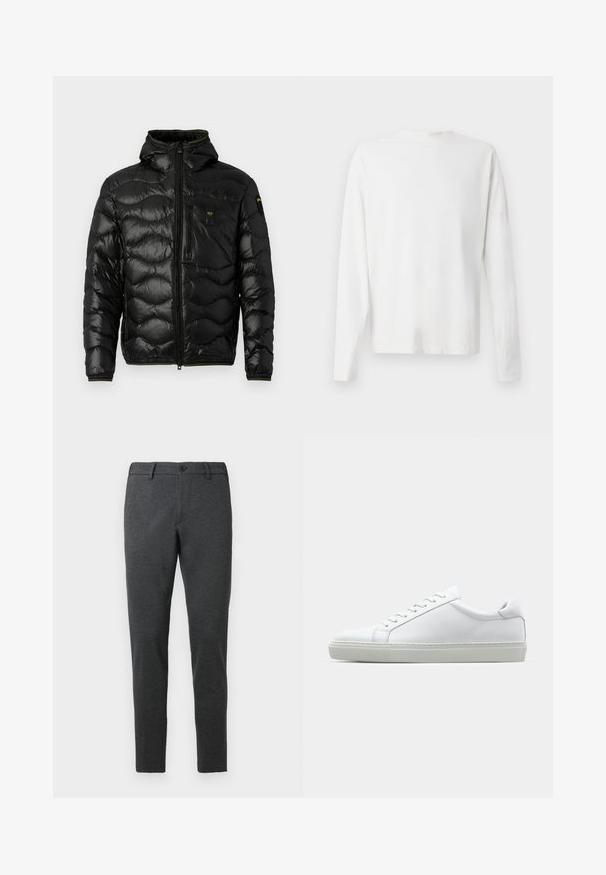 Schwarze Pufferjacke mit glänzender Textur, Kapuze, Reißverschluss und Wellenmuster. Verfügt über eine Brusttasche und kontrastierende gelbe Akzente.; Langärmliges weißes Baumwollhemd mit rundem Ausschnitt, seitlichen Schlitzen am unteren Rand und glatter Textur, von hinten präsentiert.; Dunkelgraue Hose aus einem strukturierten Stoff. Figurbetontes Design mit geradem Bein, ausgestattet mit einem einzelnen Knopfverschluss und Gürtelschlaufen.; Weißer Sneaker mit glattem Lederobermaterial und niedrigem Profil. Verfügt über eine runde Zehenpartie, sechs Ösen und eine strukturierte Gummisohle.