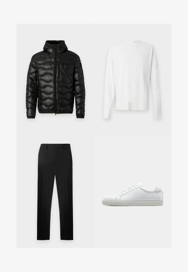 Sort dunjakke med en skinnende overflade, hætte, lynlåslukning og bølge mønster. Har en brystlomme og kontrasterende gule accenter.; Langærmet hvid bomulds skjorte med rund halsudskæring, sideslids i bunden og en glat overflade, vist bagfra.; Sorte dressbukser lavet af glat stof, med et lige ben-design, plisseringer fortil og knaplukning i taljen.; Hvide sneakers med en glat læderoverdel og lav profil. Har en rund tå, seks snørehuller og en tekstureret gummisål.