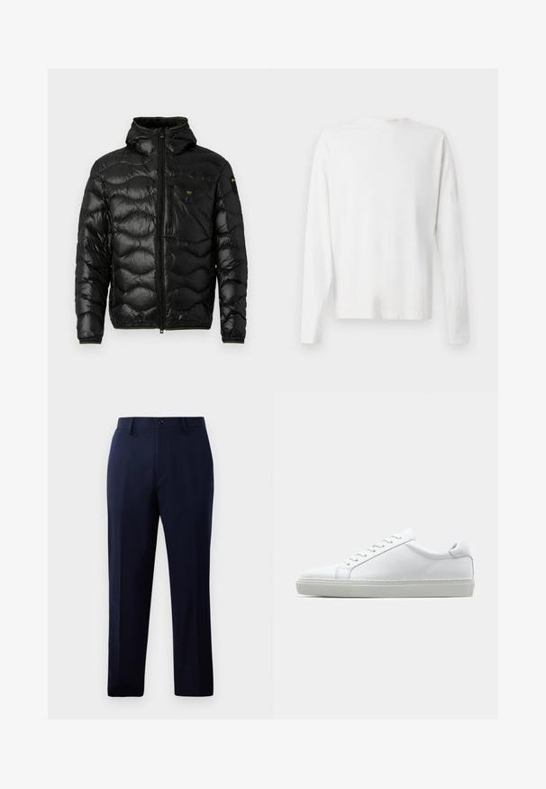 Črna puhovka z sijočo teksturo, kapuco, zadrgo in valovnim vzorcem. Ima žep na prsih in kontrastne rumene detajle.; Bela bombažna srajca z dolgimi rokavi in okroglo ovratnikom, z bočnimi razporki na dnu in gladko teksturo, prikazana s hrbtne strani.; Morske hlače iz gladkega materiala, s klasičnim krojem pravih nog, sprednjimi žepi in gumbom za zapiranje v pasu.; Bela športna obutev z gladkim usnjenim zgornjim delom in nizkim profilom. Ima zaokrožen nos, šest lukenj za vezalke in teksturiran gumijast podplat.