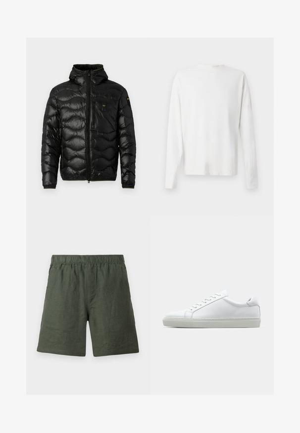 Juodas pūkinis jųkų su blizgiu paviršiumi, su gobtuvu, užtrauktukų uždarymu ir bangų raštu. Yra krūtinės kišenė ir kontrastingos geltonos akcentai.; Ilgų rankovių baltas medvilninis marškinis su apvalia iškirpte, šonuose su plyšiais apačioje ir lygia tekstūra, rodomas iš nugaros.; Žali lino šortai su elastinga juostele, tiesaus kirpimo ir lygia tekstūra, su paprastu siuvinėjimu be papildomų papuošimų.; Baltas sportinis batelis su lygiu odiniu paviršiumi ir žemu profiliu. Turi suapvalintą pirštą, šešis akių skyrius ir tekstūruotą gumos padą.