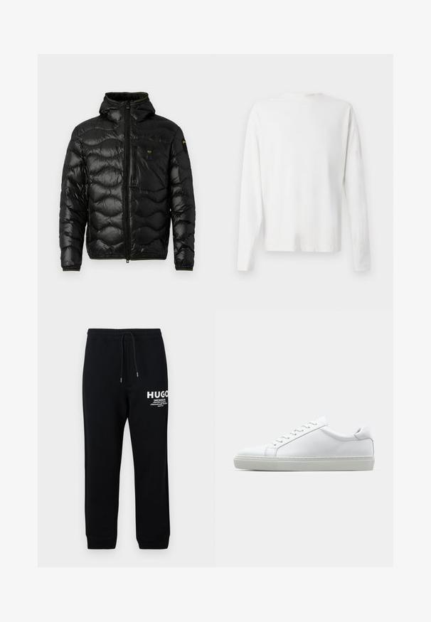 Črna puhovka z sijočo teksturo, kapuco, zadrgo in valovnim vzorcem. Ima žep na prsih in kontrastne rumene detajle.; Bela bombažna srajca z dolgimi rokavi in okroglo ovratnikom, z bočnimi razporki na dnu in gladko teksturo, prikazana s hrbtne strani.; Črne trenirke iz mešanice bombaža, z vrvico za prilagajanje v pasu, ožjimi nogavicami in belim tiskanim logotipom ter besedilom na levi stegn.; Bela športna obutev z gladkim usnjenim zgornjim delom in nizkim profilom. Ima zaokrožen nos, šest lukenj za vezalke in teksturiran gumijast podplat.