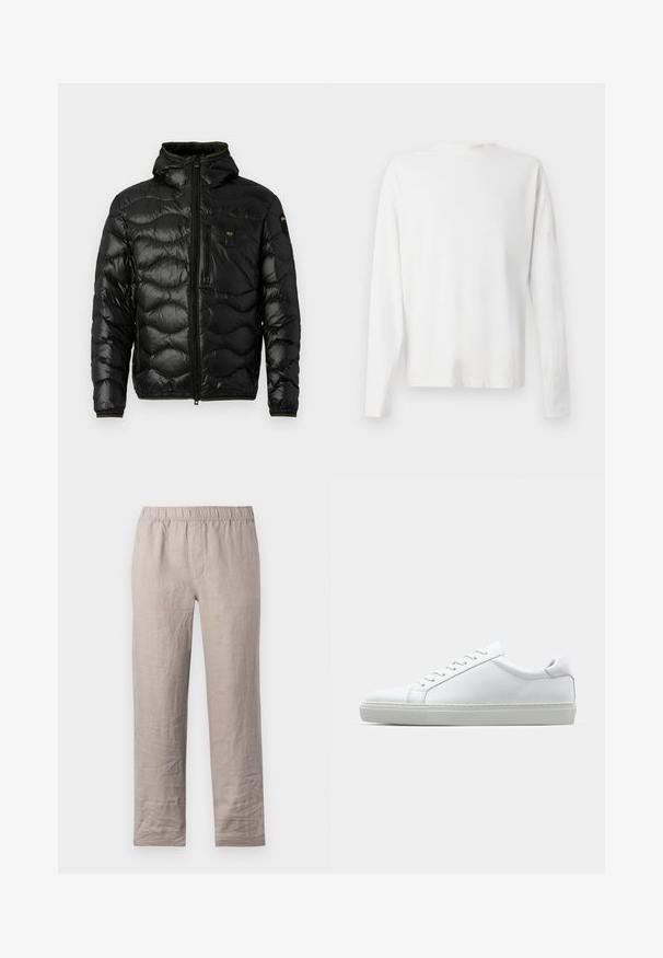 Veste matelassée noire avec une texture brillante, capuche, fermeture éclair et motif en vagues. Comprend une poche sur la poitrine et des accents jaunes contrastants.; Chemise en coton blanc à manches longues avec un col rond, fentes latérales en bas et une texture lisse, présentée de dos.; Pantalons en lin beige clair avec une taille élastique, coupe droite et sans poches visibles. Texture lisse avec de légères rides.; Sneaker blanche avec une tige en cuir lisse et un profil bas. Présente un bout arrondi, six œillets et une semelle en caoutchouc texturé.