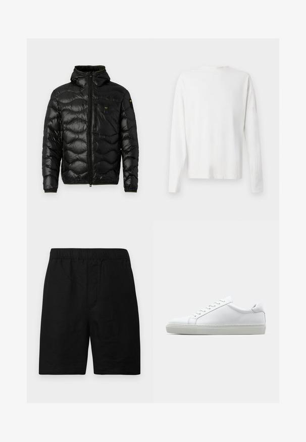 Musta puhvitakki, jossa on kiiltävä pinta, huppu, vetoketjusuljenta ja aaltoileva kuvio. Varustettu rintataskulla ja kontrastoivilla keltaisilla yksityiskohdilla.; Pitkähihaisesta valkoisesta puuvillapaidasta, jossa on pyöreä pääntie, sivuhaalareita alaosassa ja sileä pinta, näkyy takaa.; Mustat shortsit, joissa on joustava vyötärönauha, valmistettu teksturoidusta kankaasta, suora leikkaus ilman näkyviä taskuja tai koristeita.; Valkoinen tennari, jossa on sileä nahkapäällinen ja matala profiili. Ominaisuuksiin kuuluu pyöreä kärki, kuusi rei'itystä ja teksturoitu kumipohja.