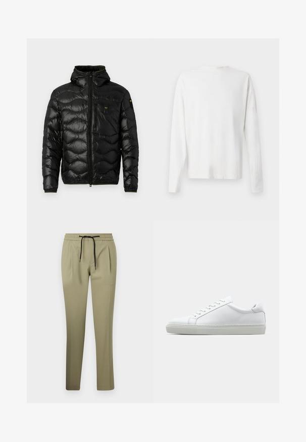 Melnā pūkainā jakas ar spīdīgu faktūru, kapuci, rāvējslēdzēja aizdari un viļņu rakstu. Detaļās ir krūšu kabata un kontrastējošas dzeltenas akcenti.; Garums piedurkņu baltā kokvilnas krekls ar apaļu dekoltē, sānu šķēlumiem apakšā un gludu tekstūru, redzams no aizmugures.; Khaki bikses no gludas auduma ar brīvu piegriezumu, ar elastīgu jostu un auklu. Taisna kāju dizains ar sānu izgriezumiem.; Baltie sporta apavi ar gludu ādas virsu un zemu profilu. Iezīmējas ar noapaļotu purngalu, sešām acīm un teksturētu gumijas zoli.