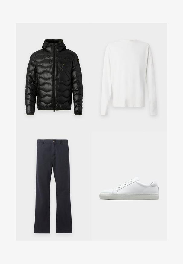 Černá prošívaná bunda s lesklou texturou, kapucí, zipovým zapínáním a vlnitým vzorem. Obsahuje náprsní kapsu a kontrastní žluté akcenty.; Bílá bavlněná košile s dlouhým rukávem a kulatým výstřihem, s bočními rozparky na spodní části a hladkým povrchem, vystavená zezadu.; Námořnické chinos vyrobené z bavlněné směsi, s rovnýma nohama, zapínáním na knoflík a poutky na pásek. Hladká textura s minimálními detaily.; Bílé tenisky s hladkým koženým svrškem a nízkým profilem. Mají zaoblenou špičku, šest nýtů a texturovanou gumovou podrážku.