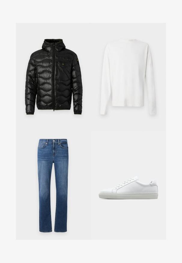 Černá prošívaná bunda s lesklou texturou, kapucí, zipovým zapínáním a vlnitým vzorem. Obsahuje náprsní kapsu a kontrastní žluté akcenty.; Bílá bavlněná košile s dlouhým rukávem a kulatým výstřihem, s bočními rozparky na spodní části a hladkým povrchem, vystavená zezadu.; Tmavě modré džíny z denimu se středním střihem nohy, pěticípým stylem a kontrastním prošitím. Obsahují zapínání na knoflík a zip.; Bílé tenisky s hladkým koženým svrškem a nízkým profilem. Mají zaoblenou špičku, šest nýtů a texturovanou gumovou podrážku.