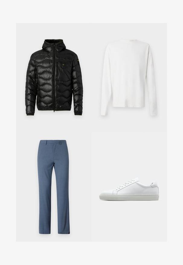 Μαύρο μπουφάν με γυαλιστερή υφή, κουκούλα, κλείσιμο με φερμουάρ και σχέδιο κυμάτων. Διαθέτει τσέπη στο στήθος και αντίθετα κίτρινα στοιχεία.; Λευκό βαμβακερό πουκάμισο μακρυμάνικο με στρογγυλή λαιμόκοψη, πλαϊνές σχισμές στο κάτω μέρος και λεία υφή, εμφανιζόμενο από πίσω.; Παντελόνια από ελαφρύ μπλε ύφασμα με ομαλή υφή, με ίσια γραμμή, δύο μπροστινές τσέπες και επίπεδη σχεδίαση μπροστά.; Λευκό αθλητικό παπούτσι με άνω μέρος από λείο δέρμα και χαμηλό προφίλ. Διαθέτει στρογγυλεμένη μύτη, έξι τρυπούλες και υφασμένη καουτσούκ σόλα.