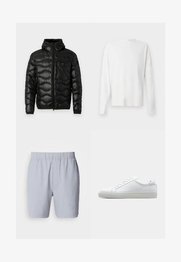 Czarna kurtka puchowa o błyszczącej teksturze, z kapturem, zamkiem błyskawicznym i wzorem fal. Posiada kieszeń na piersi oraz kontrastowe żółte akcenty.; Biała, bawełniana koszula z długim rękawem, okrągłym dekoltem, bocznymi rozcięciami na dole oraz gładką fakturą, wyeksponowana z tyłu.; Jasnoszare kąpielówki z elastycznym pasem, dwiema bocznymi kieszeniami oraz gładkim, lekkim materiałem. Brak widocznych wzorów lub ozdób.; Białe sneakersy z gładką skórzaną cholewką i niskim profilem. Posiadają okrągły nos, sześć dziurek na sznurówki oraz teksturowaną gumową podeszwę.