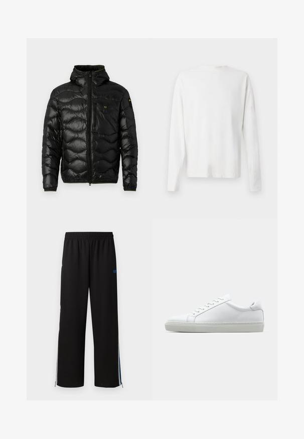 Zwarte pufferjack met een glanzende textuur, capuchon, ritsluiting en golvenpatroon. Voorzien van een borstzak en contrasterende gele accenten.; Witte katoenen blouse met lange mouwen en een ronde halslijn, met zijsplitten aan de onderkant en een gladde textuur, vanuit de achterkant weergegeven.; Zwarte joggingbroek met een elastische tailleband, zijritsen en blauwe accenten op de buitenste naden. Glad materiaal met een recht model.; Witte sneaker met een gladlederen bovenwerk en een laag profiel. Voorzien van een ronde neus, zes vetergaatjes en een gestructureerde rubberen zool.