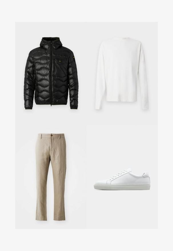 Fekete puffdzseki fényes textúrával, kapucnival, cipzáras záródással és hullámmintával. Két mellzsebet tartalmaz és kontrasztos sárga részletekkel rendelkezik.; Hosszú ujjú fehér pamut ing kerek nyakkivágással, az alján oldalsó hasítékokkal és sima textúrával, hátulról bemutatva.; Beige vászon nadrág egyenes szabással, elöl gombos záródással és sima textúrával. Nincsenek látható minták vagy díszítések.; Fehér sportcipő sima bőr felső résszel és alacsony profilsal. Kerek orr, hat fűzőlyuk és barázdált gumitalp jellemzi.