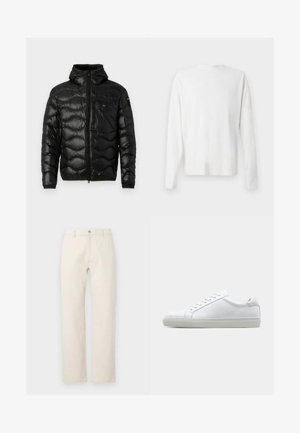 Veste matelassée noire avec une texture brillante, capuche, fermeture éclair et motif en vagues. Comprend une poche sur la poitrine et des accents jaunes contrastants.; Chemise en coton blanc à manches longues avec un col rond, fentes latérales en bas et une texture lisse, présentée de dos.; Jean droit de couleur crème en coton, avec une fermeture à bouton, des passants de ceinture et une texture unie sans motifs.; Sneaker blanche avec une tige en cuir lisse et un profil bas. Présente un bout arrondi, six œillets et une semelle en caoutchouc texturé.