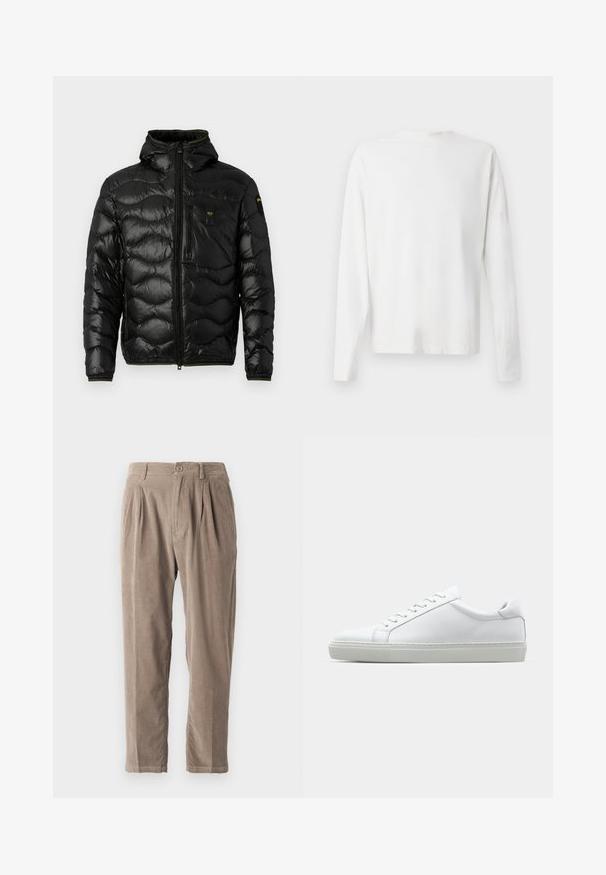 Juodas pūkinis jųkų su blizgiu paviršiumi, su gobtuvu, užtrauktukų uždarymu ir bangų raštu. Yra krūtinės kišenė ir kontrastingos geltonos akcentai.; Ilgų rankovių baltas medvilninis marškinis su apvalia iškirpte, šonuose su plyšiais apačioje ir lygia tekstūra, rodomas iš nugaros.; Šviesiai rudos dydžio rieslinės kelnės su laisvu siluetu, su klostėmis, mygtuko uždarymu ir šoninėmis kišenėmis, tekstūruota paviršiaus struktūra ir siaurėjančia kojų forma.; Baltas sportinis batelis su lygiu odiniu paviršiumi ir žemu profiliu. Turi suapvalintą pirštą, šešis akių skyrius ir tekstūruotą gumos padą.