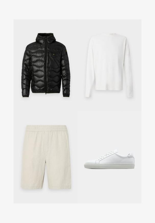 Schwarze Pufferjacke mit glänzender Textur, Kapuze, Reißverschluss und Wellenmuster. Verfügt über eine Brusttasche und kontrastierende gelbe Akzente.; Langärmliges weißes Baumwollhemd mit rundem Ausschnitt, seitlichen Schlitzen am unteren Rand und glatter Textur, von hinten präsentiert.; Beige Leinen-Shorts mit elastischem Bund, die über eine glatte Textur und ein gerades Design verfügt, das knapp über dem Knie endet.; Weißer Sneaker mit glattem Lederobermaterial und niedrigem Profil. Verfügt über eine runde Zehenpartie, sechs Ösen und eine strukturierte Gummisohle.