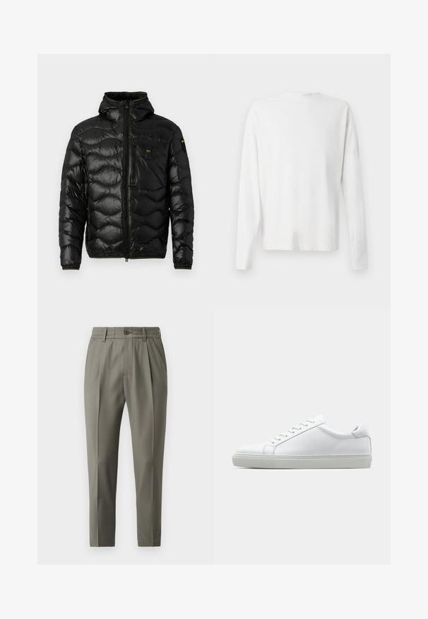 Zwarte pufferjack met een glanzende textuur, capuchon, ritsluiting en golvenpatroon. Voorzien van een borstzak en contrasterende gele accenten.; Witte katoenen blouse met lange mouwen en een ronde halslijn, met zijsplitten aan de onderkant en een gladde textuur, vanuit de achterkant weergegeven.; Beige op maat gemaakte broeken met een rechte pasvorm, afgewerkt met een knoopsluiting, plooien aan de voorkant en een elastische tailleband voor comfort.; Witte sneaker met een gladlederen bovenwerk en een laag profiel. Voorzien van een ronde neus, zes vetergaatjes en een gestructureerde rubberen zool.