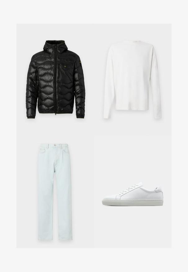 Črna puhovka z sijočo teksturo, kapuco, zadrgo in valovnim vzorcem. Ima žep na prsih in kontrastne rumene detajle.; Bela bombažna srajca z dolgimi rokavi in okroglo ovratnikom, z bočnimi razporki na dnu in gladko teksturo, prikazana s hrbtne strani.; Svetlo modri ravni kavbojki iz denima, ki imajo gumbasto zapiranje, diskretno učvrstitev in pet žepov.; Bela športna obutev z gladkim usnjenim zgornjim delom in nizkim profilom. Ima zaokrožen nos, šest lukenj za vezalke in teksturiran gumijast podplat.