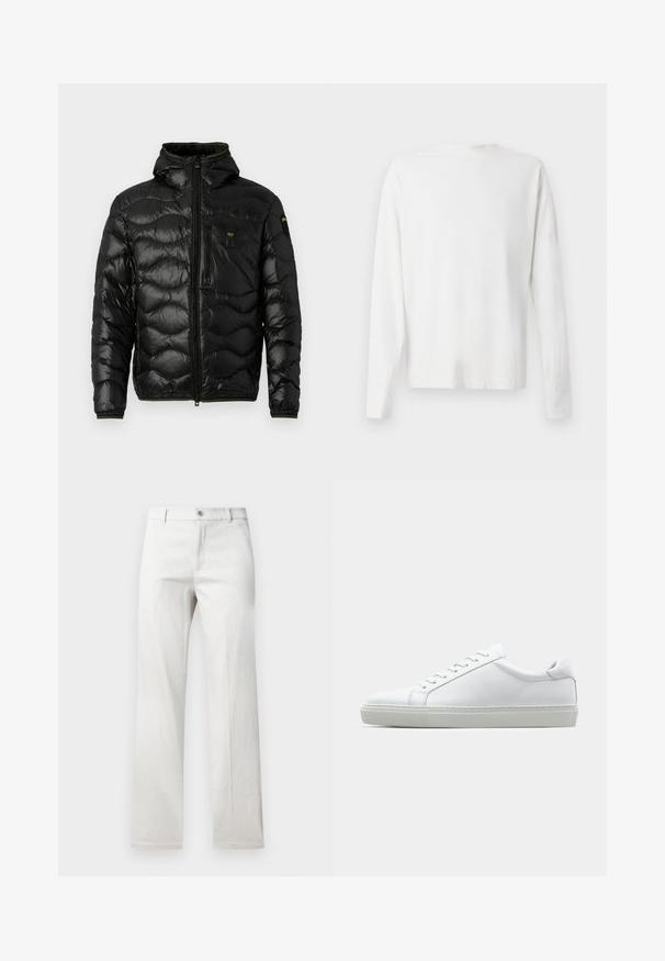 Musta puhvitakki, jossa on kiiltävä pinta, huppu, vetoketjusuljenta ja aaltoileva kuvio. Varustettu rintataskulla ja kontrastoivilla keltaisilla yksityiskohdilla.; Pitkähihaisesta valkoisesta puuvillapaidasta, jossa on pyöreä pääntie, sivuhaalareita alaosassa ja sileä pinta, näkyy takaa.; Harmaat suorat housut, valmistettu sileästä kankaasta, joissa on etupainike ja sivutaskut.; Valkoinen tennari, jossa on sileä nahkapäällinen ja matala profiili. Ominaisuuksiin kuuluu pyöreä kärki, kuusi rei'itystä ja teksturoitu kumipohja.