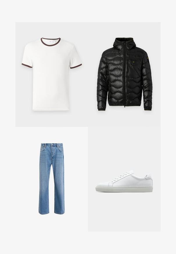 Schwarze Pufferjacke mit glänzender Textur, Kapuze, Reißverschluss und Wellenmuster. Verfügt über eine Brusttasche und kontrastierende gelbe Akzente.; Weißes T-Shirt mit kurzen Ärmeln, braunem Rippen-Halsbündchen und Ärmelabschlüssen, aus weichem Baumwollmaterial hergestellt. Einfaches und klassisches Design.; Helle blaue Jeans im Geradeschnitt-Design, mit fünf Taschen, Knopfverschluss, minimaler Ausbleichung und kontrastierenden Nähdetails.; Weißer Sneaker mit glattem Lederobermaterial und niedrigem Profil. Verfügt über eine runde Zehenpartie, sechs Ösen und eine strukturierte Gummisohle.