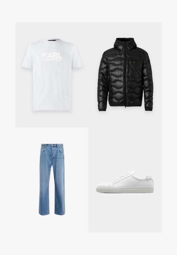 Mustatee puffer jope läikiva tekstuuriga, kapuutsiga, lukuga ja lainelise mustriga. Omab rinna taskut ja kontrastset kollast aktsenti.; Hele sinine puuvillane T-särk lühikeste varrukatega ja ümmarguse kaelusega, mille esiküljel on suur valge tekst "KARL LAGERFELD". Sile tekstuur.; Heledad sinine teksapüksid otse lõikega, viie taskuga, nupuga sulgemine, minimaalne kulumine ja kontrastsed õmbluse detailid.; Valge tennisetoss, millel on sile nahk pealis ja madal profiil. Omab ümarat ninaosa, kuut silmust ja tekstuuriga kummist talda.