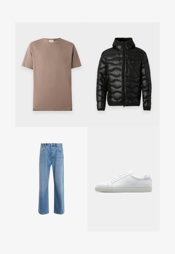 Giacca a vento nera con texture lucida, cappuccio, chiusura con zip e motivo a onde. Presenta una tasca sul petto e accenti gialli a contrasto.; T-shirt a maniche corte in cotone marrone, con scollo rotondo e una texture leggera e liscia. Nessun motivo o hardware visibile.; Jeans in denim blu chiaro con design a gamba dritta, cinque tasche, chiusura con bottone, leggero sbiadimento e dettagli di cucitura a contrasto.; Sneaker bianco con tomaia in pelle liscia e profilo basso. Presenta una punta arrotondata, sei occhielli e una suola in gomma testurizzata.