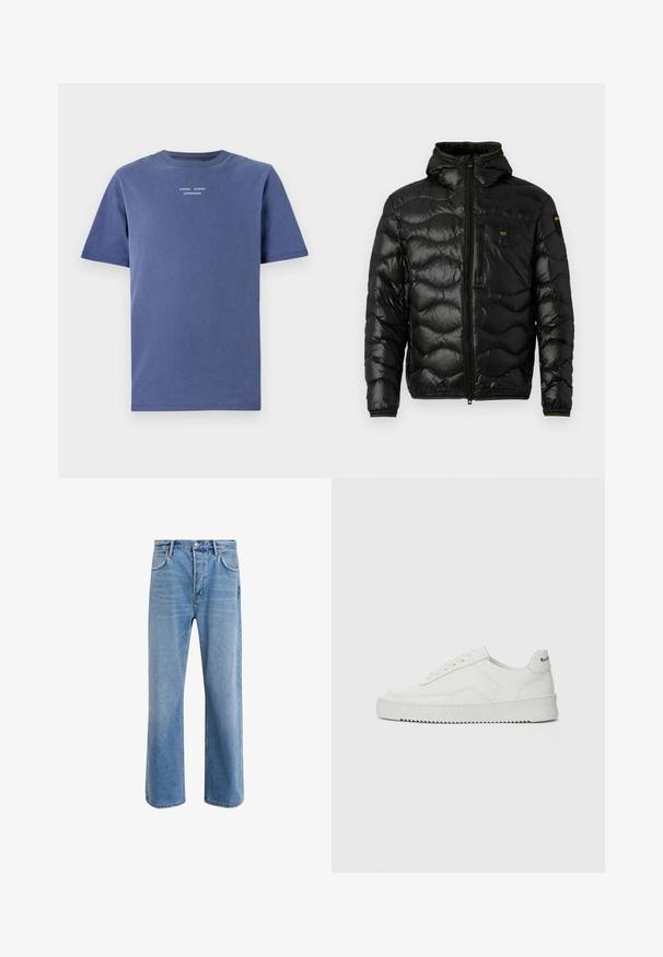 Melnā pūkainā jakas ar spīdīgu faktūru, kapuci, rāvējslēdzēja aizdari un viļņu rakstu. Detaļās ir krūšu kabata un kontrastējošas dzeltenas akcenti.; Navy zils T-krekls ar īsām piedurknēm, izgatavots no kokvilnas. Tam ir apaļš kakla izgriezums un neliels balts teksts uz krūšu daļas: "SAMSØE SAMSØE Kopenhāgena."; Gai zilas džinsu bikses ar taisnām kājām, piecām kabatām, pogu aizvēršanu, minimālu izbalēšanu un kontrastējošiem šuvju elementiem.; Baltas ādas sneakers ar gludu virsmu, apaļu pirkstu daļu, plakaniem šņorēm un teksturētu zoli. Satur diskrētu logotipu uz papēža.