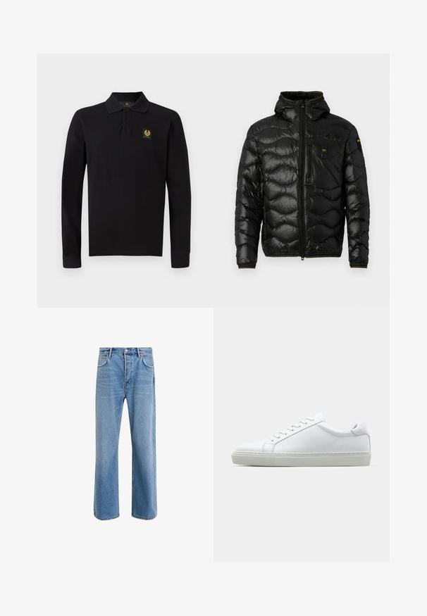 Črna puhovka z sijočo teksturo, kapuco, zadrgo in valovnim vzorcem. Ima žep na prsih in kontrastne rumene detajle.; Črna polo majica z dolgimi rokavi, narejena iz bombaža. Ima klasičen ovratnik, tri gumbe in zlati emblem na levi strani prsnega koša.; Svetlo modre denim kavbojke s ravno nogavico, petimi žepi, z gumbom za zapiranje, minimalnim zbledelostjo in kontrastnimi šivi.; Bela športna obutev z gladkim usnjenim zgornjim delom in nizkim profilom. Ima zaokrožen nos, šest lukenj za vezalke in teksturiran gumijast podplat.