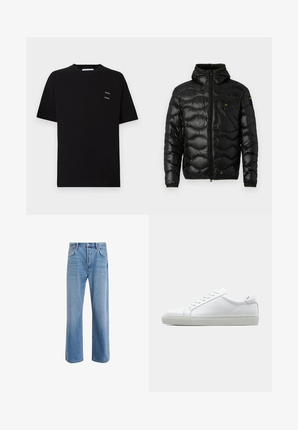 Veste matelassée noire avec une texture brillante, capuche, fermeture éclair et motif en vagues. Comprend une poche sur la poitrine et des accents jaunes contrastants.; T-shirt en coton noir à manches courtes, col rond, arborant deux petits logos "Samsøe" brodés sur la partie gauche de la poitrine.; Jeans en denim bleu clair avec une coupe droite, cinq poches, fermeture à bouton, peu d'usure et des détails de couture contrastés.; Sneaker blanche avec une tige en cuir lisse et un profil bas. Présente un bout arrondi, six œillets et une semelle en caoutchouc texturé.