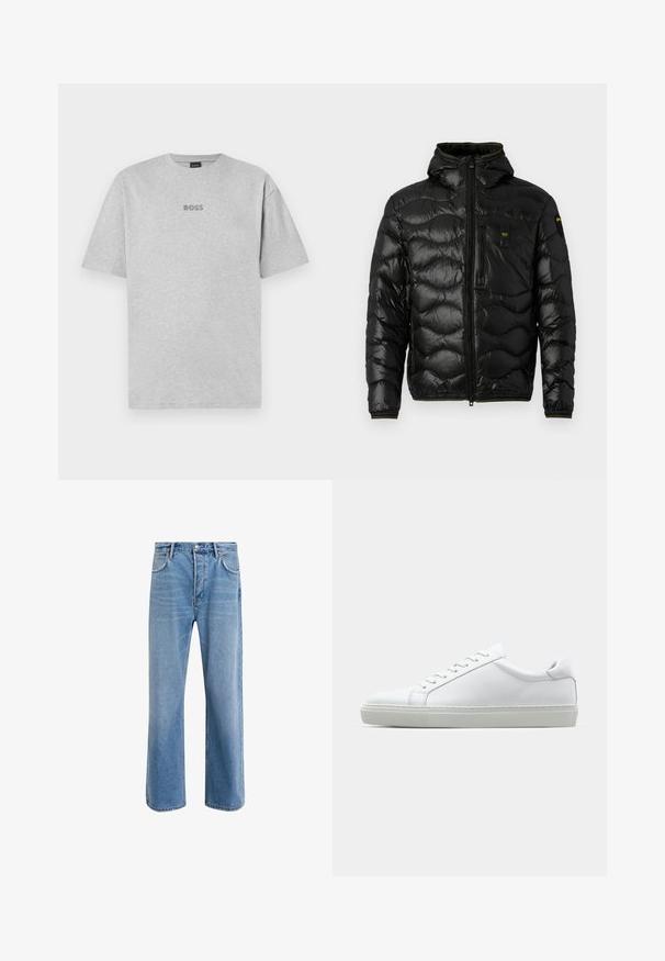Giacca a vento nera con texture lucida, cappuccio, chiusura con zip e motivo a onde. Presenta una tasca sul petto e accenti gialli a contrasto.; T-shirt in cotone grigio, maniche corte, scollatura rotonda, con un piccolo logo ricamato "BOSS" di un grigio più scuro centrato sul petto.; Jeans in denim blu chiaro con design a gamba dritta, cinque tasche, chiusura con bottone, leggero sbiadimento e dettagli di cucitura a contrasto.; Sneaker bianco con tomaia in pelle liscia e profilo basso. Presenta una punta arrotondata, sei occhielli e una suola in gomma testurizzata.
