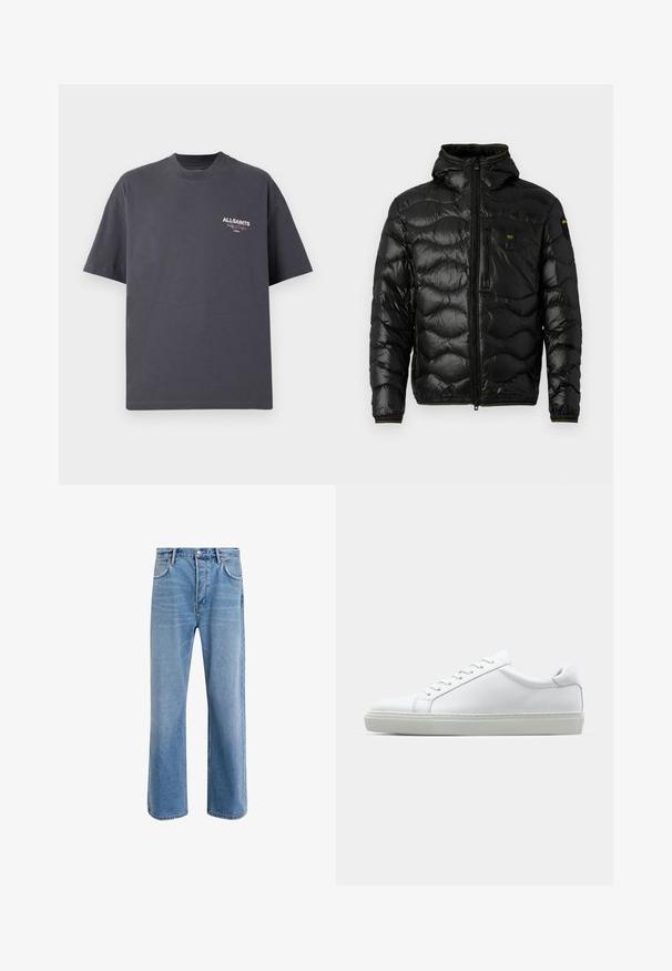 Jachetă puffer neagră cu o textură lucioasă, glugă, închidere cu fermoar și model în valuri. Dispune de un buzunar pe piept și accente galbene contrastante.; Tricou din bumbac gri închis, cu decolteu rotund, mâneci scurte și logo-ul "All Saints" în alb și roșu pe piept. Design simplu.; Jeans din denim bleu deschis cu un design drept, cinci buzunare, închidere cu buton, decolorare minimă și detalii de cusătură în contrast.; Adidași albi cu o suprafață din piele netedă și un profil jos. Au un vârf rotunjit, șase orificii pentru șireturi și o talpă din cauciuc texturată.