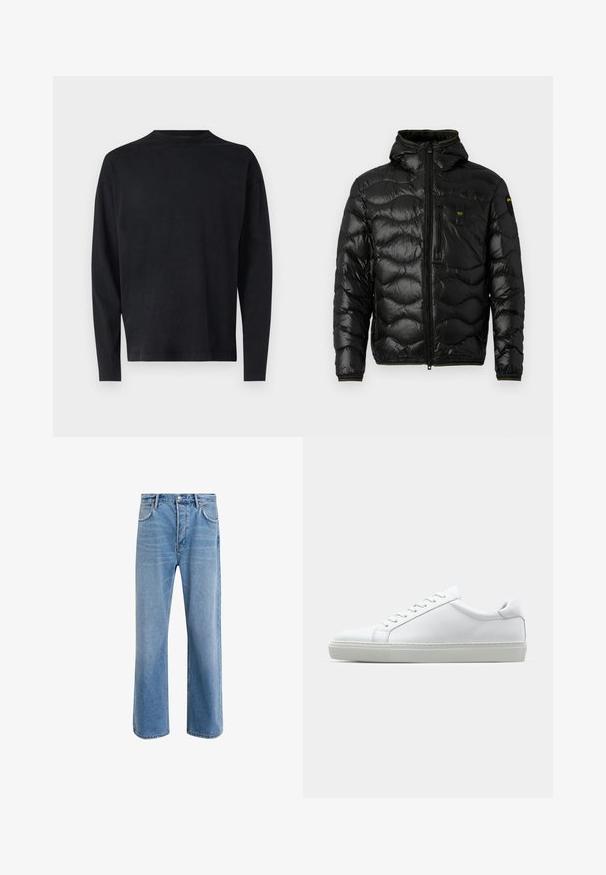 Fekete puffdzseki fényes textúrával, kapucnival, cipzáras záródással és hullámmintával. Két mellzsebet tartalmaz és kontrasztos sárga részletekkel rendelkezik.; Fekete, hosszú ujjú póló, puha anyagból készült. Kerek nyakkivágással és ejtett vállakkal rendelkezik. Sima textúrájú, látható minták nélkül.; Világoskék farmernadrág, egyenes szárú fazonnal, öt zsebbel, gombos záródással, minimális kopással és kontrasztos varrással.; Fehér sportcipő sima bőr felső résszel és alacsony profilsal. Kerek orr, hat fűzőlyuk és barázdált gumitalp jellemzi.