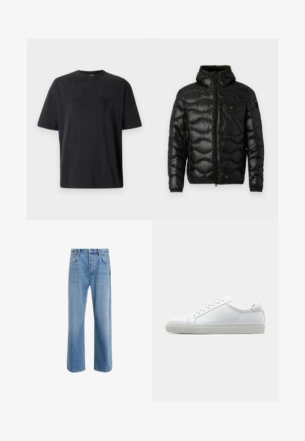 Musta puhvitakki, jossa on kiiltävä pinta, huppu, vetoketjusuljenta ja aaltoileva kuvio. Varustettu rintataskulla ja kontrastoivilla keltaisilla yksityiskohdilla.; Musta puuvillane T-särgis lühikeste varrukatega, ümar kaelus ja diskreetne tikandiga logo vasakul rinnal. Sile tekstuur, mugav lõige.; Vaaleansiniset farkut suoranlahkeisella muotoilulla, viisi taskua, nappisuljenta, vähäinen kuluminen ja kontrastiväriset ompeluyksityiskohdat.; Valkoinen tennari, jossa on sileä nahkapäällinen ja matala profiili. Ominaisuuksiin kuuluu pyöreä kärki, kuusi rei'itystä ja teksturoitu kumipohja.