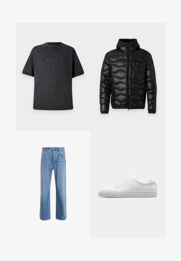 Chaqueta acolchada negra con una textura brillante, capucha, cierre de cremallera y patrón en forma de ola. Presenta un bolsillo en el pecho y acentos en amarillo contrastante.; Camiseta de algodón negra de manga corta con cuello redondo. Presenta un logo "HUGO" en relieve en la parte delantera. Textura suave con detalles de costura.; Jeans de mezclilla azul claro con un diseño de pierna recta, cinco bolsillos, cierre de botón, ligeramente desgastados y detalles de costura en contraste.; Zapatilla blanca con parte superior de cuero liso y perfil bajo. Presenta una puntera redondeada, seis ojales y una suela de goma texturizada.
