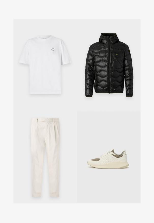 Sort dunjakke med en skinnende overflade, hætte, lynlåslukning og bølge mønster. Har en brystlomme og kontrasterende gule accenter.; Hvid bomulds t-shirt med en afslappet pasform, der har et lille sort grafisk logo på venstre brystområde. Korte ærmer, rund halsstil.; Hvide, plisserede bukser med en skræddersyet pasform, der har en glat overflade, bæltestropper og smalnede ben. Ingen synlige lommer eller mønstre.; Hvide og lyse beige sportssko med en mesh-overdel, perforerede detaljer og en tekstureret mellemsål med branding på hælen.