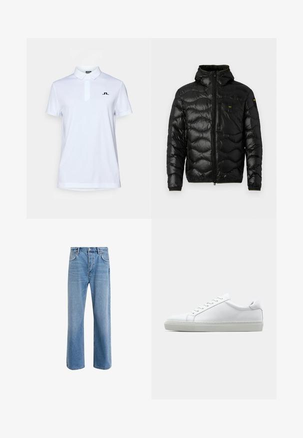Jachetă puffer neagră cu o textură lucioasă, glugă, închidere cu fermoar și model în valuri. Dispune de un buzunar pe piept și accente galbene contrastante.; J.LINDEBERG Sports PEAT - Bluză polo - white; Jeans din denim bleu deschis cu un design drept, cinci buzunare, închidere cu buton, decolorare minimă și detalii de cusătură în contrast.; Adidași albi cu o suprafață din piele netedă și un profil jos. Au un vârf rotunjit, șase orificii pentru șireturi și o talpă din cauciuc texturată.