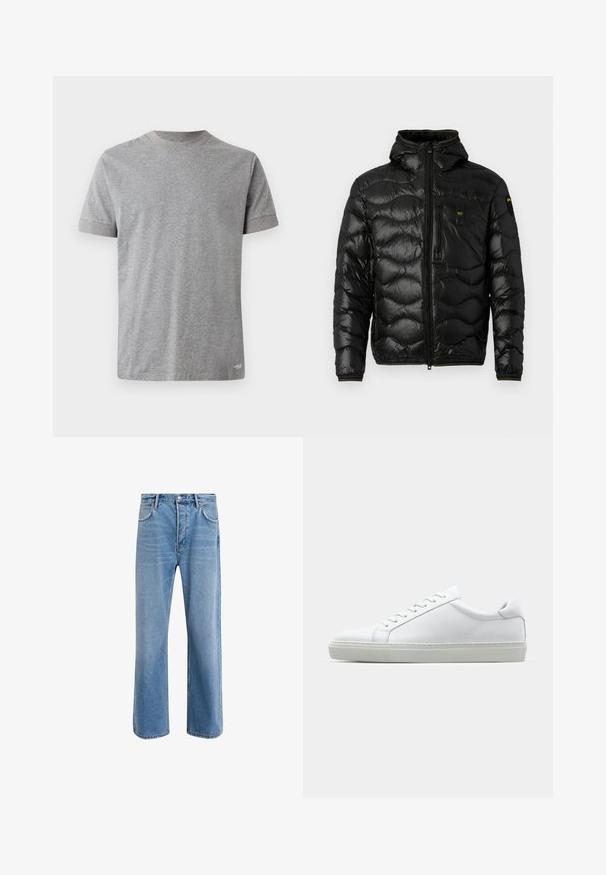 Sort dunjakke med en skinnende overflade, hætte, lynlåslukning og bølge mønster. Har en brystlomme og kontrasterende gule accenter.; Kortærmet grå t-shirt lavet af blødt bomuld. Har en rund halsudskæring med en kontrastfarvet kant og en lige kant forneden.; Lyseblå denim jeans med lige ben-design, fem lommer, knaplukning, minimal falming og kontraststingdetaljer.; Hvide sneakers med en glat læderoverdel og lav profil. Har en rund tå, seks snørehuller og en tekstureret gummisål.