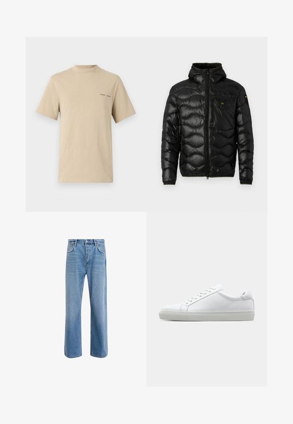 Musta puhvitakki, jossa on kiiltävä pinta, huppu, vetoketjusuljenta ja aaltoileva kuvio. Varustettu rintataskulla ja kontrastoivilla keltaisilla yksityiskohdilla.; Beige t-paita, jossa on pyöreä kaula-aukko ja lyhyet hihat. Rinnassa on hillitty musta "SAMSOE"-teksti-logo.; Vaaleansiniset farkut suoranlahkeisella muotoilulla, viisi taskua, nappisuljenta, vähäinen kuluminen ja kontrastiväriset ompeluyksityiskohdat.; Valkoinen tennari, jossa on sileä nahkapäällinen ja matala profiili. Ominaisuuksiin kuuluu pyöreä kärki, kuusi rei'itystä ja teksturoitu kumipohja.