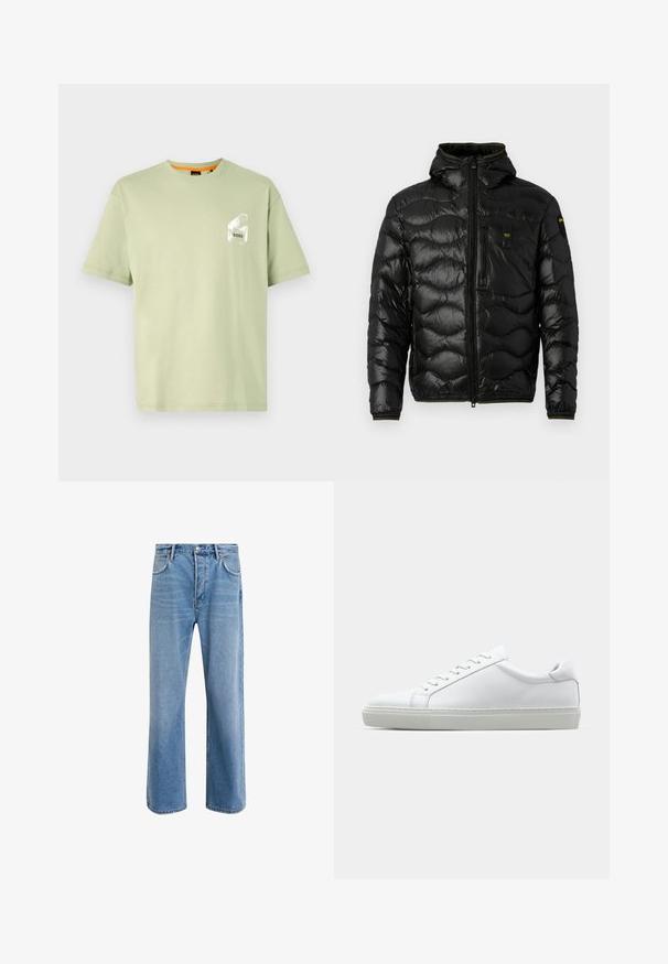 Black puffer jacket with a shiny texture, hood, zip closure, and wave pattern. Features a chest pocket and contrasting yellow accents.; Light green cotton t-shirt with a round neck, short sleeves, and a white logo printed on a chest pocket. Smooth texture and relaxed fit.; Light blue denim jeans with a straight-leg design, five pockets, button closure, minimal fading, and contrasting stitching details.; White sneaker with a smooth leather upper and a low profile. Features a rounded toe, six eyelets, and a textured rubber sole.