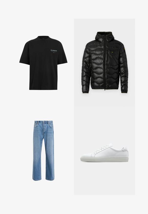 Mustatee puffer jope läikiva tekstuuriga, kapuutsiga, lukuga ja lainelise mustriga. Omab rinna taskut ja kontrastset kollast aktsenti.; Mustmust t-särk, ümmarguse kaelusega ja lühikeste varrukatega. Vasakul rinnal on väike helesinine "ALLSAINTS" logo.; Heledad sinine teksapüksid otse lõikega, viie taskuga, nupuga sulgemine, minimaalne kulumine ja kontrastsed õmbluse detailid.; Valge tennisetoss, millel on sile nahk pealis ja madal profiil. Omab ümarat ninaosa, kuut silmust ja tekstuuriga kummist talda.