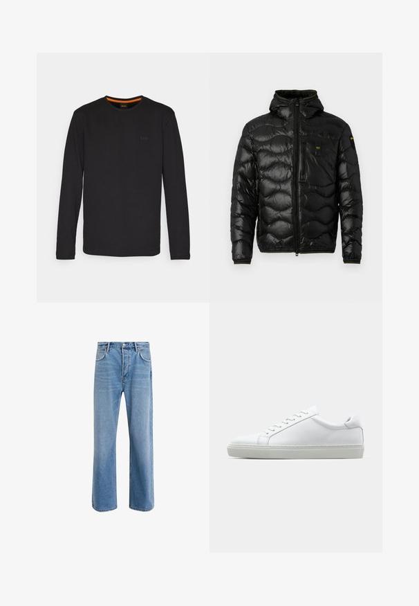 Černá prošívaná bunda s lesklou texturou, kapucí, zipovým zapínáním a vlnitým vzorem. Obsahuje náprsní kapsu a kontrastní žluté akcenty.; Černé dlouhé rukávy tričko vyrobené z hladké látky, s kulatým výstřihem a malým vyraženým logem na hrudi s oranžovým akcentem uvnitř límce.; Světle modré džínové kalhoty s rovnými nohavicemi, pěti kapsami, zapínáním na knoflík, minimálním vyblednutím a kontrastním prošitím.; Bílé tenisky s hladkým koženým svrškem a nízkým profilem. Mají zaoblenou špičku, šest nýtů a texturovanou gumovou podrážku.