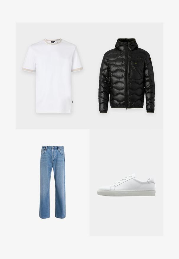 Mustatee puffer jope läikiva tekstuuriga, kapuutsiga, lukuga ja lainelise mustriga. Omab rinna taskut ja kontrastset kollast aktsenti.; Valge puuvillane T-särk lühikeste varrukatega, millel on beežid äärised krael ja varrukate servadel, ning väike brändilogo rinnal.; Heledad sinine teksapüksid otse lõikega, viie taskuga, nupuga sulgemine, minimaalne kulumine ja kontrastsed õmbluse detailid.; Valge tennisetoss, millel on sile nahk pealis ja madal profiil. Omab ümarat ninaosa, kuut silmust ja tekstuuriga kummist talda.