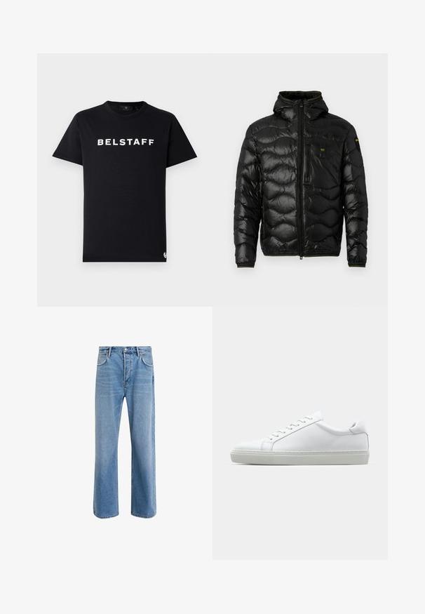 Črna puhovka z sijočo teksturo, kapuco, zadrgo in valovnim vzorcem. Ima žep na prsih in kontrastne rumene detajle.; Črna bombažna majica s krožnim ovratnikom, kratkimi rokavi in belim logotipom "BELSTAFF" natisnjenim čez prsi.; Svetlo modre denim kavbojke s ravno nogavico, petimi žepi, z gumbom za zapiranje, minimalnim zbledelostjo in kontrastnimi šivi.; Bela športna obutev z gladkim usnjenim zgornjim delom in nizkim profilom. Ima zaokrožen nos, šest lukenj za vezalke in teksturiran gumijast podplat.