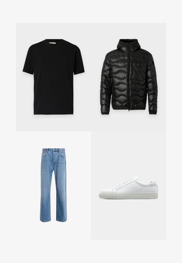 Black puffer jacket with a shiny texture, hood, zip closure, and wave pattern. Features a chest pocket and contrasting yellow accents.; Black short-sleeve t-shirt made of cotton with a round neckline and a loose fit. Smooth texture, no patterns or visible logos.; Light blue denim jeans with a straight-leg design, five pockets, button closure, minimal fading, and contrasting stitching details.; White sneaker with a smooth leather upper and a low profile. Features a rounded toe, six eyelets, and a textured rubber sole.