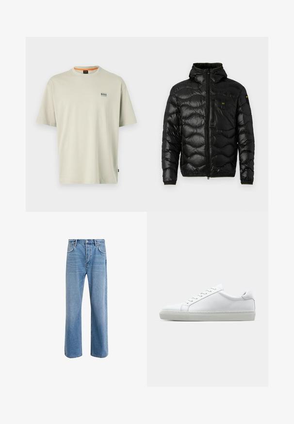 Jachetă puffer neagră cu o textură lucioasă, glugă, închidere cu fermoar și model în valuri. Dispune de un buzunar pe piept și accente galbene contrastante.; Tricou din bumbac gri deschis, cu guler rotund, mâneci scurte și un mic logo albastru "BOSS" pe partea stângă a pieptului. Textură netedă.; Jeans din denim bleu deschis cu un design drept, cinci buzunare, închidere cu buton, decolorare minimă și detalii de cusătură în contrast.; Adidași albi cu o suprafață din piele netedă și un profil jos. Au un vârf rotunjit, șase orificii pentru șireturi și o talpă din cauciuc texturată.