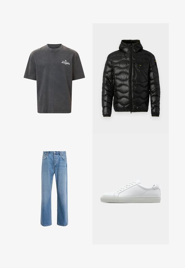 Jachetă puffer neagră cu o textură lucioasă, glugă, închidere cu fermoar și model în valuri. Dispune de un buzunar pe piept și accente galbene contrastante.; Tricou supradimensionat de culoare gri închis, din material de bumbac, cu mâneci scurte și guler rotund, cu logo-ul alb "ALLSAINTS" pe partea stângă a pieptului, cu un finisaj texturat subtil.; Jeans din denim bleu deschis cu un design drept, cinci buzunare, închidere cu buton, decolorare minimă și detalii de cusătură în contrast.; Adidași albi cu o suprafață din piele netedă și un profil jos. Au un vârf rotunjit, șase orificii pentru șireturi și o talpă din cauciuc texturată.