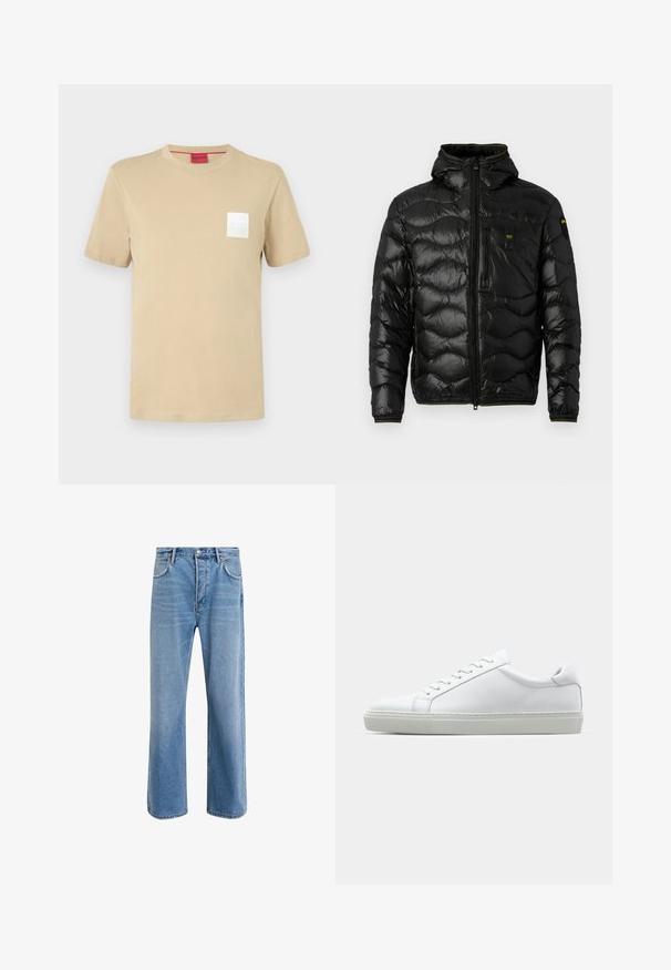 Black puffer jacket with a shiny texture, hood, zip closure, and wave pattern. Features a chest pocket and contrasting yellow accents.; Beige cotton t-shirt with short sleeves, round neckline, and white square logo on the left chest. Smooth texture, casual design.; Light blue denim jeans with a straight-leg design, five pockets, button closure, minimal fading, and contrasting stitching details.; White sneaker with a smooth leather upper and a low profile. Features a rounded toe, six eyelets, and a textured rubber sole.