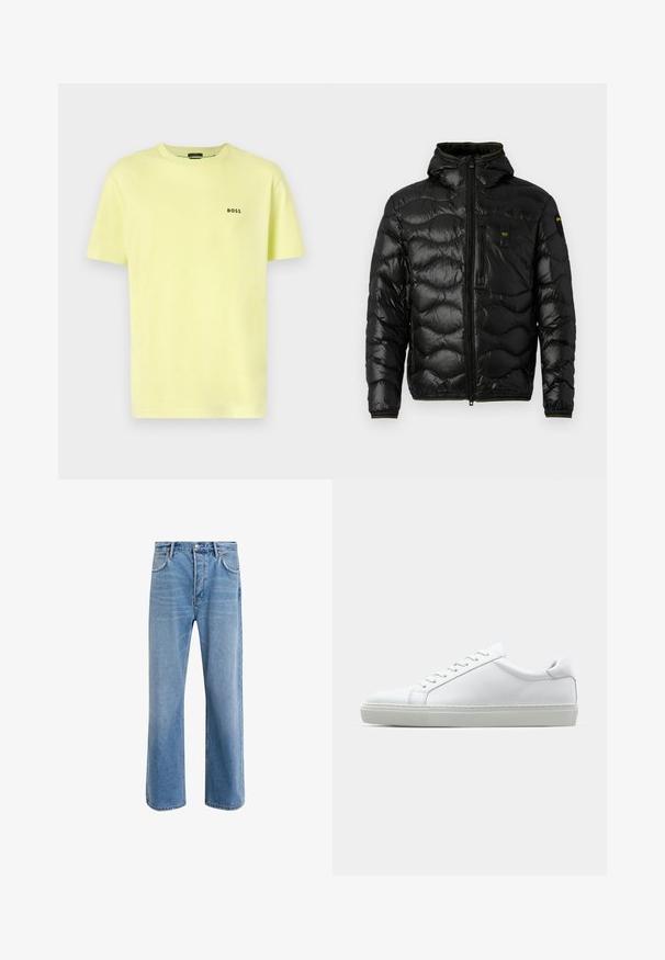 Fekete puffdzseki fényes textúrával, kapucnival, cipzáras záródással és hullámmintával. Két mellzsebet tartalmaz és kontrasztos sárga részletekkel rendelkezik.; Világos sárga pamut póló klasszikus kerek nyakkal, rövid ujjakkal, és egy fekete "BOSS" logóval a bal mellen. Simas texture.; Világoskék farmernadrág, egyenes szárú fazonnal, öt zsebbel, gombos záródással, minimális kopással és kontrasztos varrással.; Fehér sportcipő sima bőr felső résszel és alacsony profilsal. Kerek orr, hat fűzőlyuk és barázdált gumitalp jellemzi.