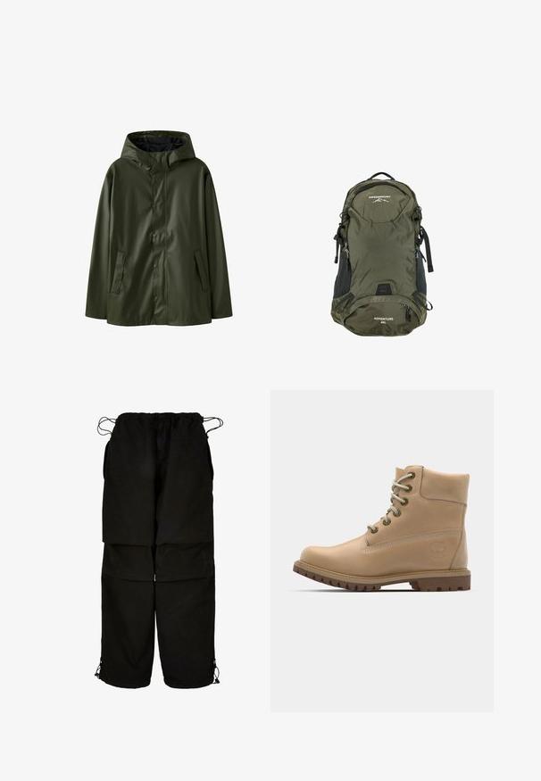 Grüne wasserdichte Regenjacke mit Kapuze, Druckknöpfen und seitlichen Taschen; glatte Textur und lässige Passform.; Dunkelgrünes Langarmoberteil mit Rundhalsausschnitt, das gepunktete Textur-Akzente an den Ärmeln und einen verkürzten Saum aufweist. Mit Daumenlöchern.; Schwarze Hose aus leichtem Material, mit verstellbarem Bund und Kordelzug am Saum. Entworfen mit einer lockeren, oversized Passform und mehreren Taschen.; Beige Leder Stiefeletten mit runder Spitze, beigen Schnürsenkeln und robuster Sohle. Mit Seitennähten und einem runden Logo an der Ferse.; Olivgrüner Nylon-Rucksack mit schwarzen Akzenten, 40L Volumen, verstellbaren Trägern, vorderen Reißverschlusstaschen und einem strukturierten Rautenmuster.